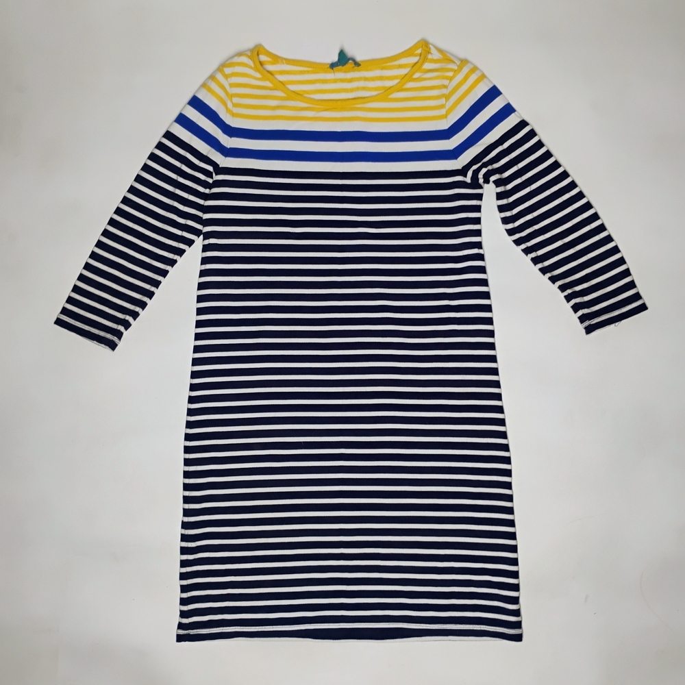 Fleur Bleue Knit Shift Dress White w/Yellow Blue & Navy Stripes Size Small